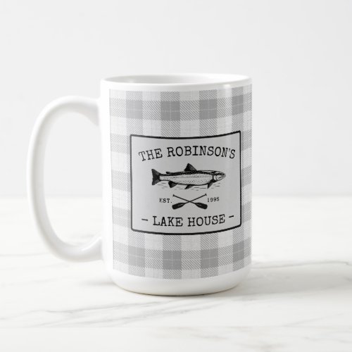 Family Lake House Oars Fish White Plaid Large Coffee Mug