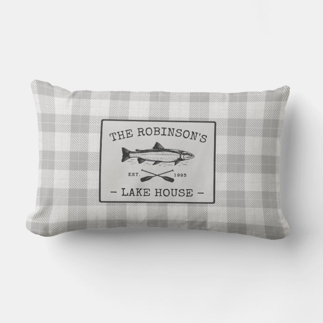 Family Lake House Oars Fish White Plaid Outdoor Lumbar Pillow (Front)