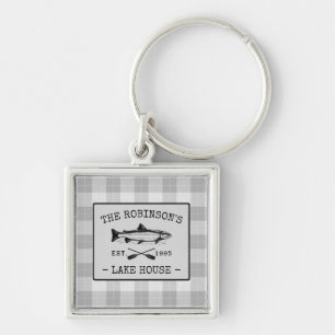 Family Lake House Oars Fish White Plaid Square Keychain
