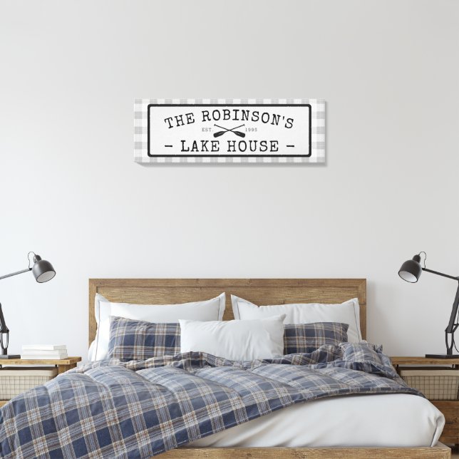 Family Lake House Oars Paddles Rustic White Plaid Canvas Print (Insitu(Bedroom))