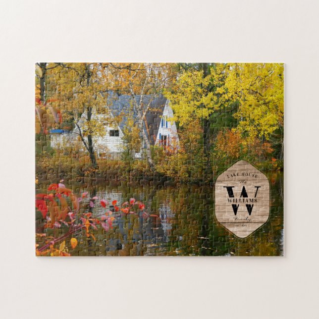 Family Lake House Photo Monogram Keepsake Rustic Jigsaw Puzzle (Horizontal)