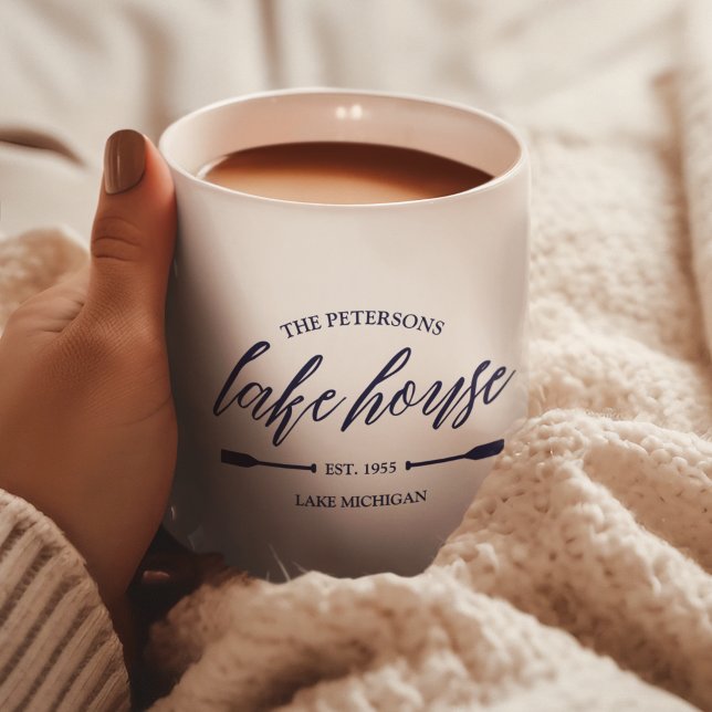 Family Lake House Rental Nautical Custom Decor Coffee Mug (Lake House Family Name Vacation Rental Custom Decor Nautical Coastal Oar Navy Script Unique Rustic)