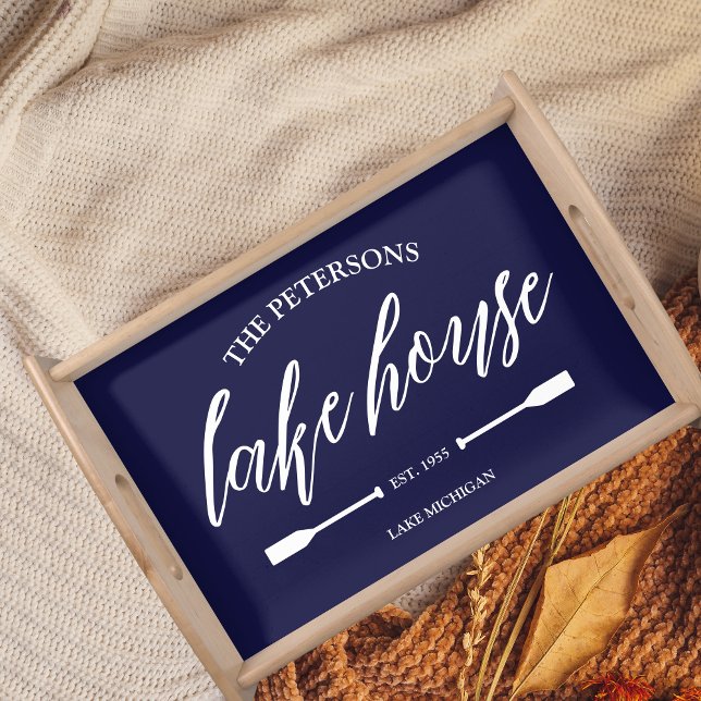 Family Lake House Rental Nautical Custom Decor Serving Tray (Custom Family Name Lake House Navy Nautical wooden Tray Decor for Vacation Home Rental Cottage)