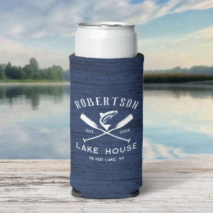 Family Lake House Rustic Navy Blue Wood Seltzer Can Cooler