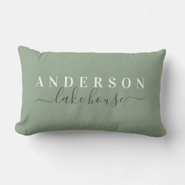 Family Lake House Sage Lumbar Pillow w/ Last Name (Front)