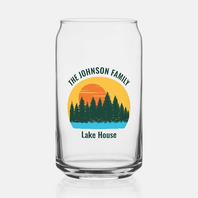 Family Lake House Sunset Personalized Can Glass (Front)