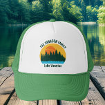 Family Lake Trip Cute Customized Sunset Trucker Hat<br><div class="desc">Beautiful family lake vacation hats featuring the pretty blue waters under the forest of trees and cool orange sunset. Cute camping trip keepsake souvenir hat for your nature outing or wilderness group.</div>