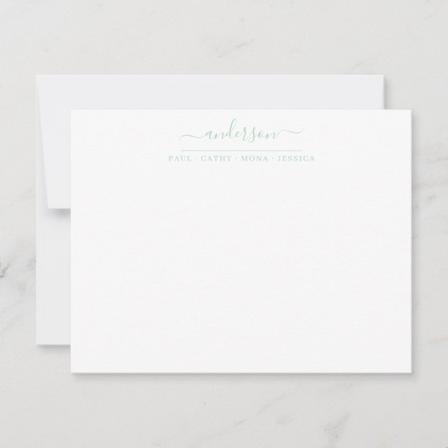 Family Last Name Mint Green Script Calligraphy Note Card (Front)