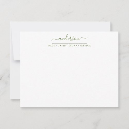 Family Last Name Moss Green Script Calligraphy Note Card