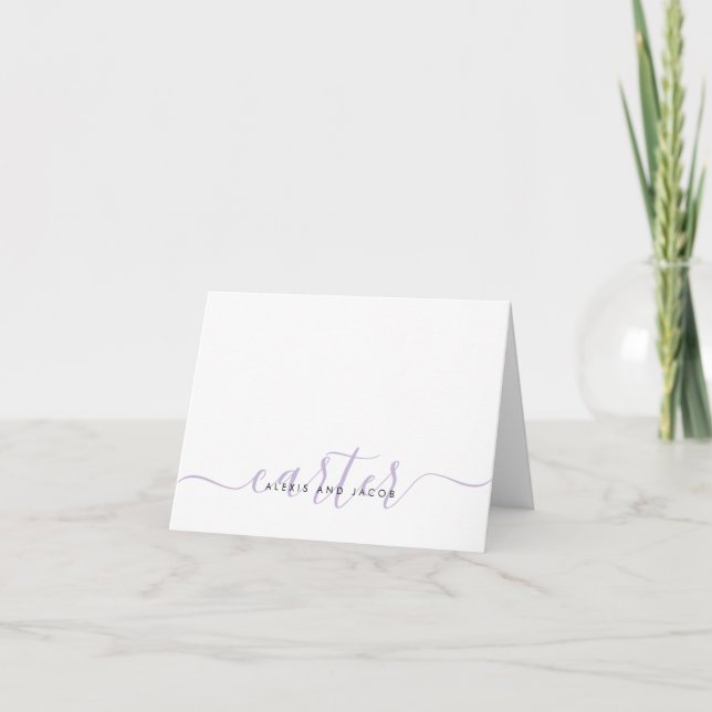 Family Last Name Wedding Light Purple Plum Script  Note Card (Front)