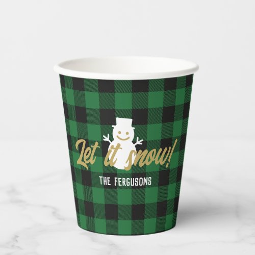 Family Let It Snow Christmas Green Buffalo Plaid Paper Cups