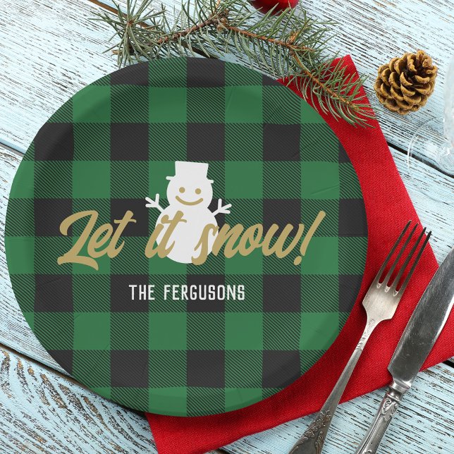 Family Let It Snow Christmas Green Buffalo Plaid Paper Plates (Creator Uploaded)