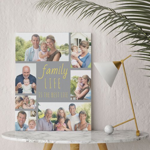 Family Life 7 Photo Grey and Yellow Faux Canvas Print
