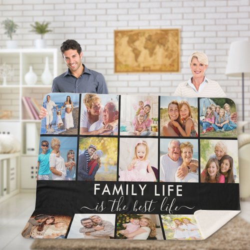 Family Life is the Best Life 15 Photo Black Sherpa Blanket