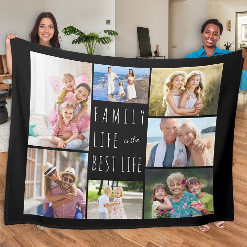 Family Life is the Best Life 7 Photo Black Fleece Blanket