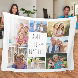 Family Life is the Best Life 7 Photo White Fleece Blanket