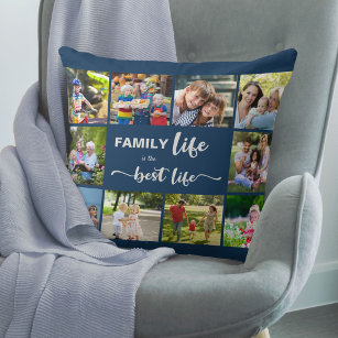 Family Life is the Best Life Blue Grey 10 Photo Throw Pillow