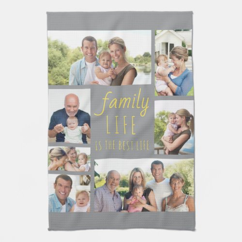 Family Life is the Best Life Grey Yellow 7 Photo Kitchen Towel