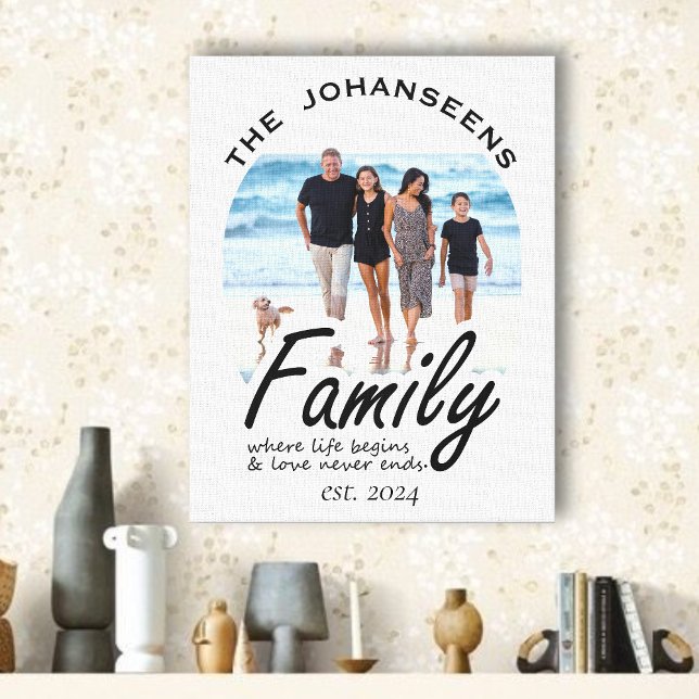 Family Life Love Quote Photo & Black Script Name Canvas Print (Creator Uploaded)