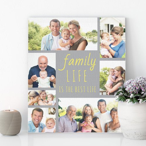 Family Life Quote 7 Photo Collage Grey and Yellow Canvas Print