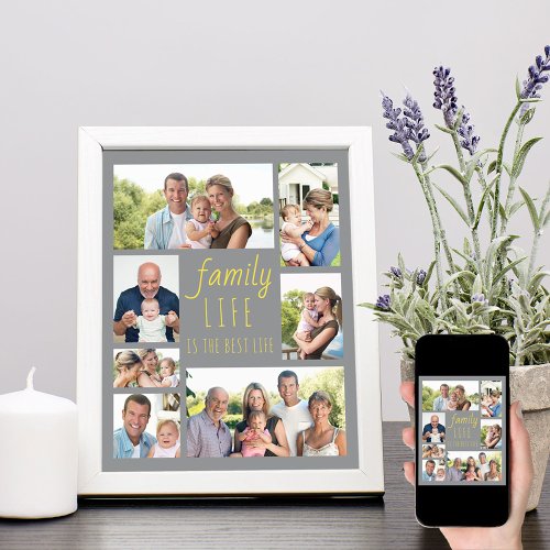 Family Life Quote Grey and Yellow Photo Collage Poster