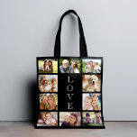 Family Love 10 Photo Collage Black Tote Bag<br><div class="desc">A photo collage black tote bag to celebrate your family,  friends,  pets,  etc. Personalize with ten photos. "LOVE" is written down the middle in elegant white typography.</div>