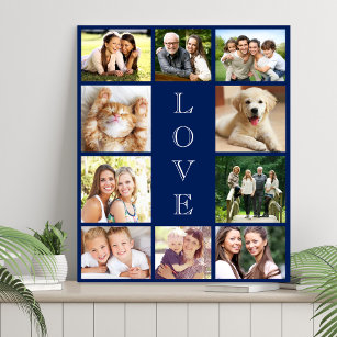 Family Love 10 Photo Collage Blue Faux Canvas Print