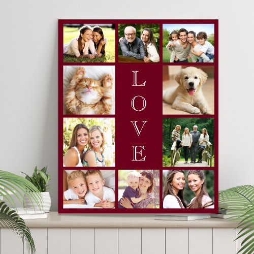 Family Love 10 Photo Collage Burgundy Faux Canvas Print
