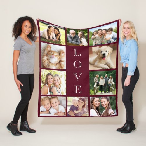 Family Love 10 Photo Collage Burgundy Fleece Blanket