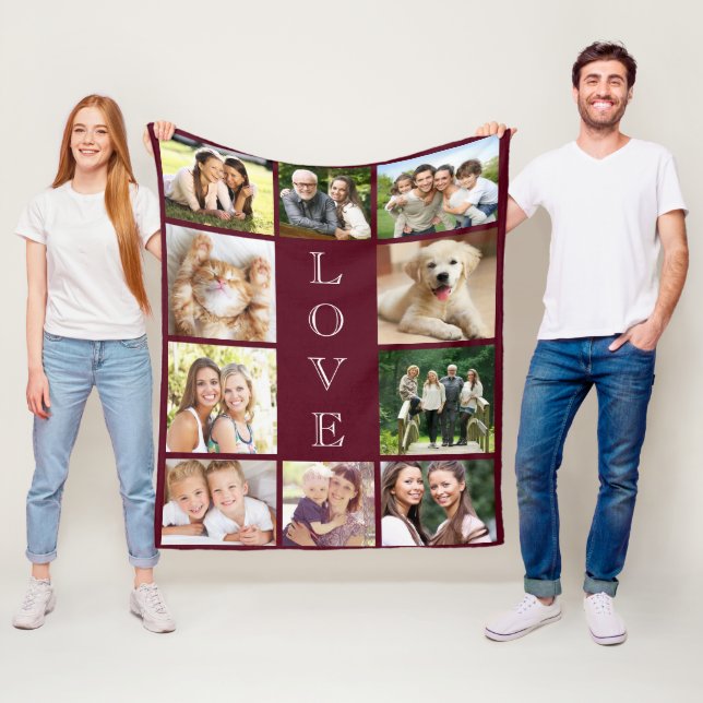 Family Love 10 Photo Collage Burgundy Fleece Blanket (In Situ)