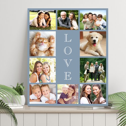 Family Love 10 Photo Collage Dusty Blue Faux Canvas Print