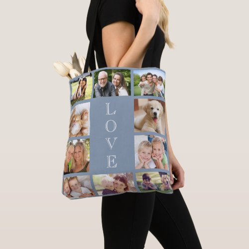 Family Love 10 Photo Collage Dusty Blue Tote Bag