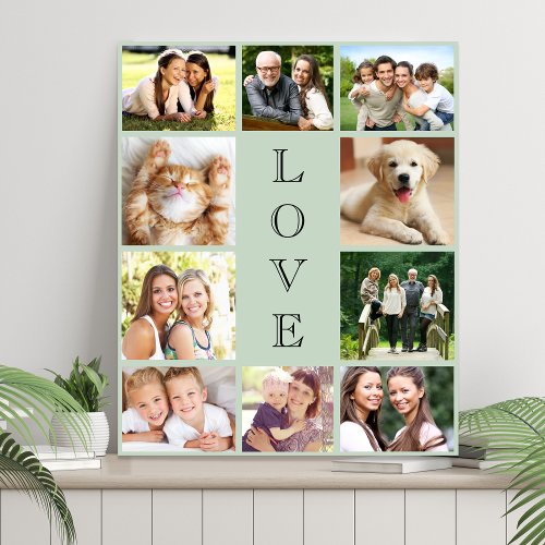 Family Love 10 Photo Collage Sage Green Faux Canvas Print