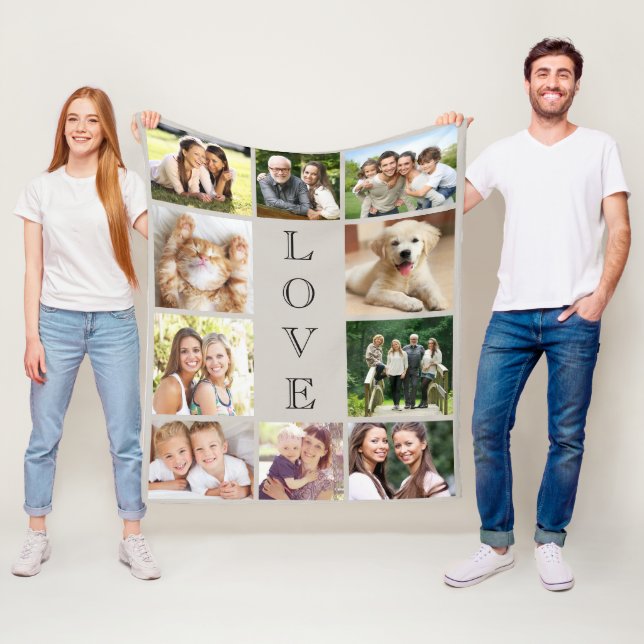 Family Love 10 Photo Collage Taupe Fleece Blanket (In Situ)