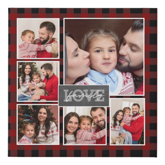 Family Love 10x10 Photo Collage Red Black Plaid Faux Canvas Print (Front)
