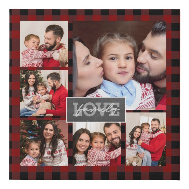 Family Love 10x10 Photo Collage Red Black Plaid Faux Canvas Print (Front)