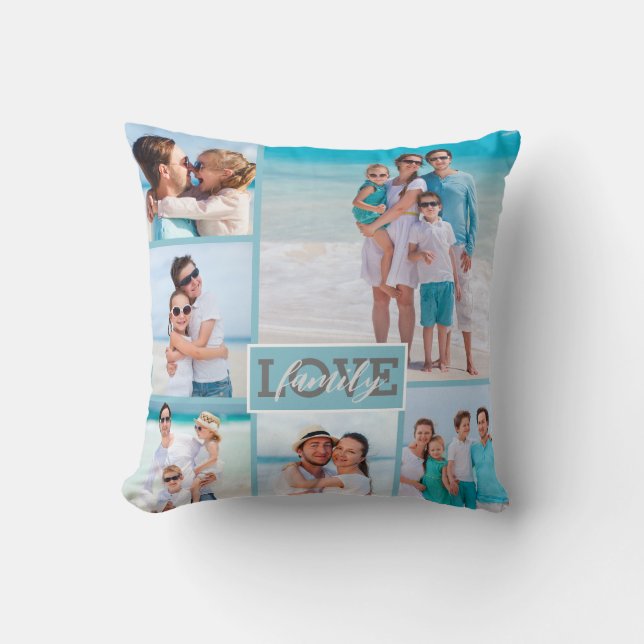 Family Love 6 Photo Beach Blue Modern  Throw Pillow (Front)