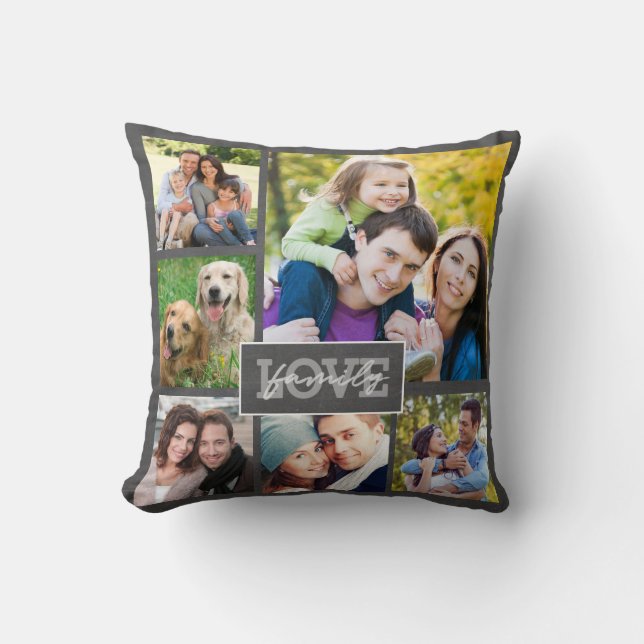 Family Love 6 Photo Handlettered Chalkboard Trendy Throw Pillow (Front)