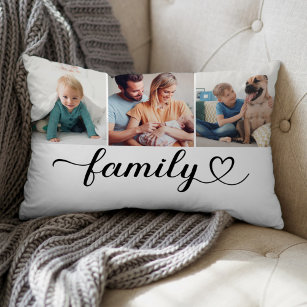 Family Love Black Script 3 Photo Custom Collage Lumbar Pillow