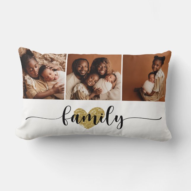 Family Love Black Script 3 Photos Custom Collage Lumbar Pillow (Front)
