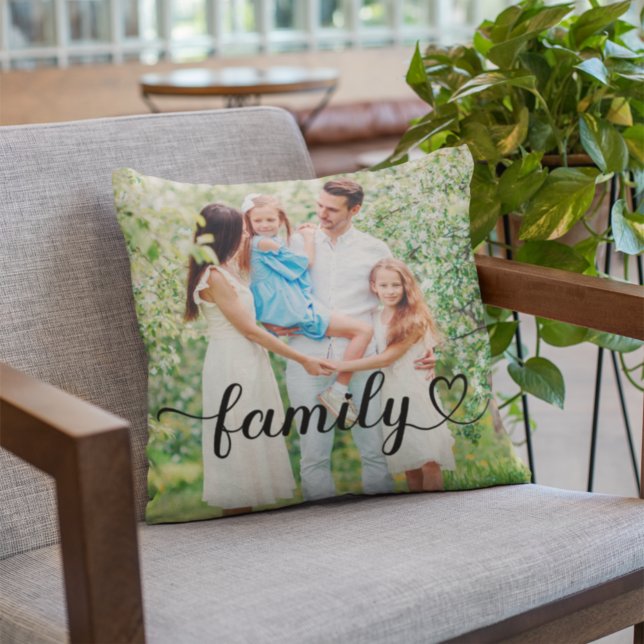 Family Love Black Script Custom Photo Throw Pillow (Creator Uploaded)
