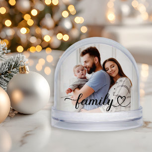 Family Love Black Script Heart Photo Snow Globe