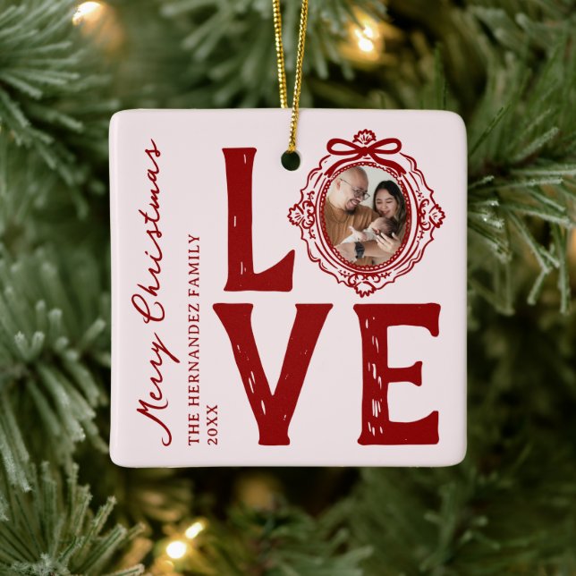 Family Love Doodle Photo Christmas Ceramic Ornament (Tree)