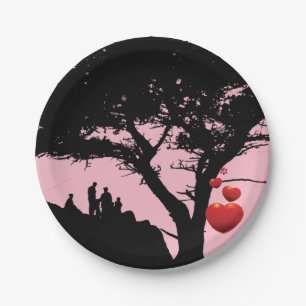 Family Love Family Tree  Heart Tree pink red black Paper Plates