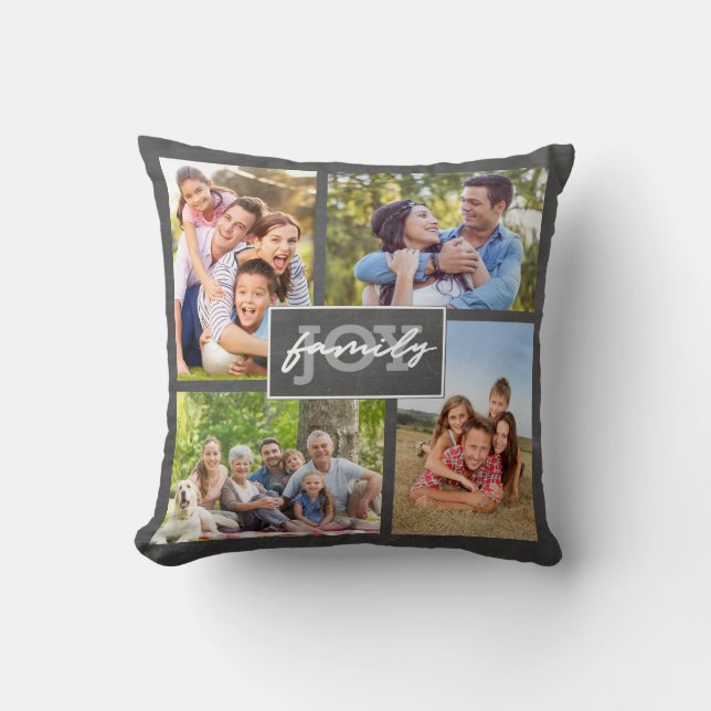 Family Love Joy 13 Photo Chalkboard Script Trendy Throw Pillow (Front)