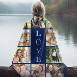 Family Love Multi-Photo Collage Personalized Blue Sherpa Blanket
