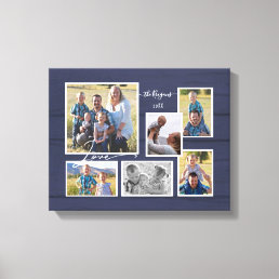 Family Love Navy Wood 6 Photograph Collage Script Canvas Print