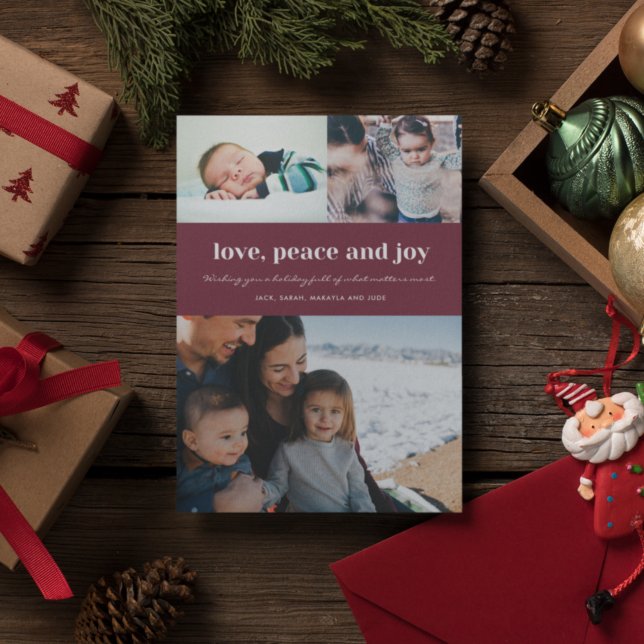Family Love Peace and Joy Photo Holly Christmas Holiday Card (Creator Uploaded)