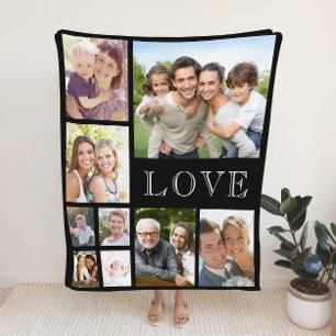 Family Love Photo Collage Black Fleece Blanket