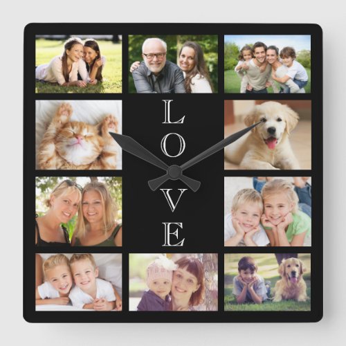 Family Love Photo Collage Black Square Wall Clock